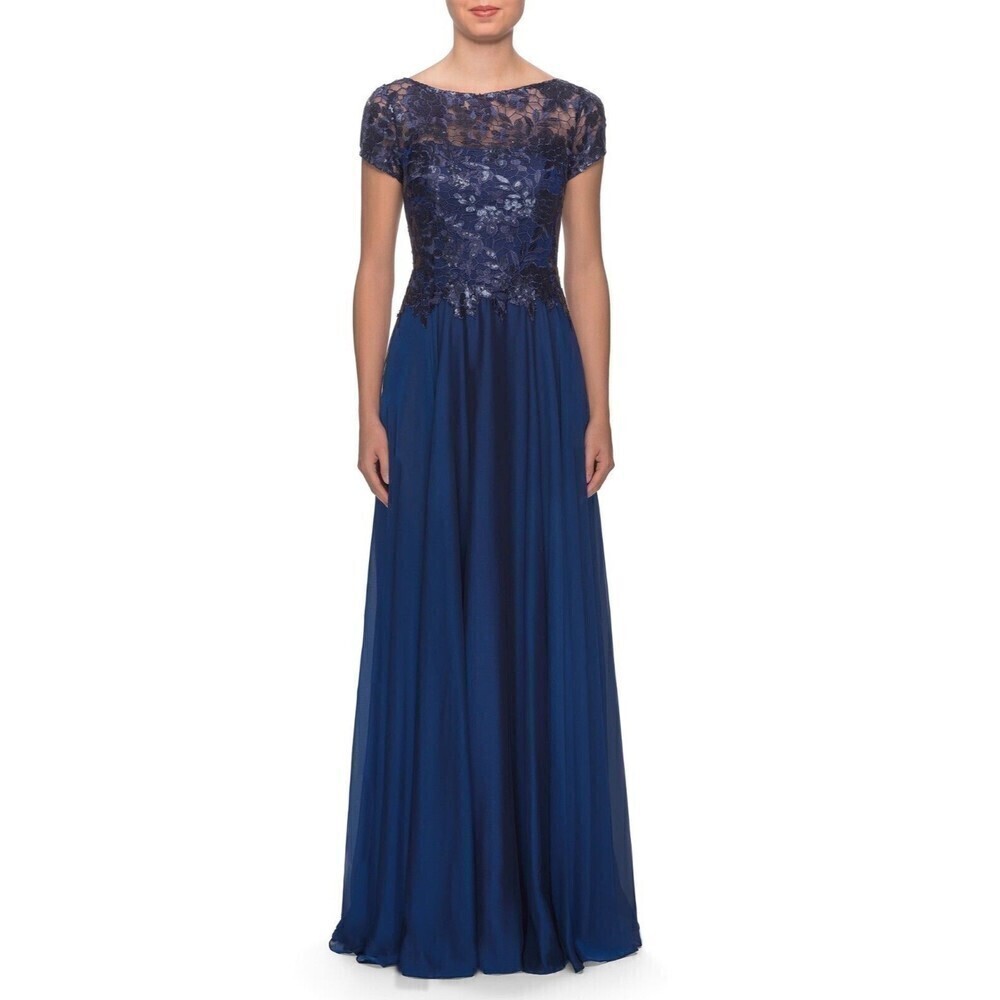 La Femme Size 6 Blue Sequin Elegant Floral Lace & Satin Evening Gown Dress - Picture 2 of 7